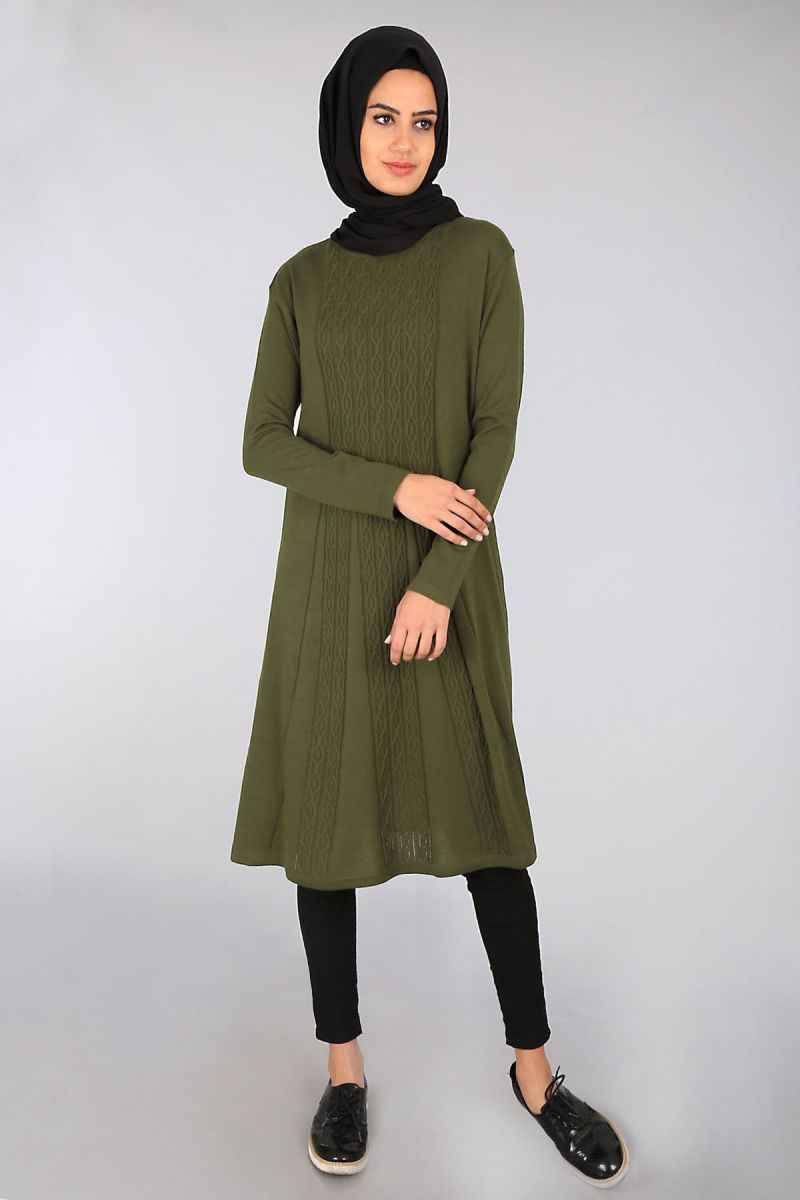 Ortası Desenli Haki Yeşili Bigdart Tesettür Tunik Modelleri