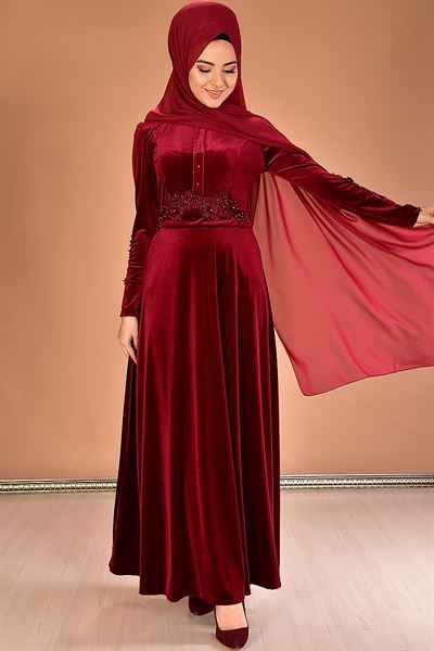 Modamerve Şık Tesettür Kadife Abiye Elbise Modelleri
