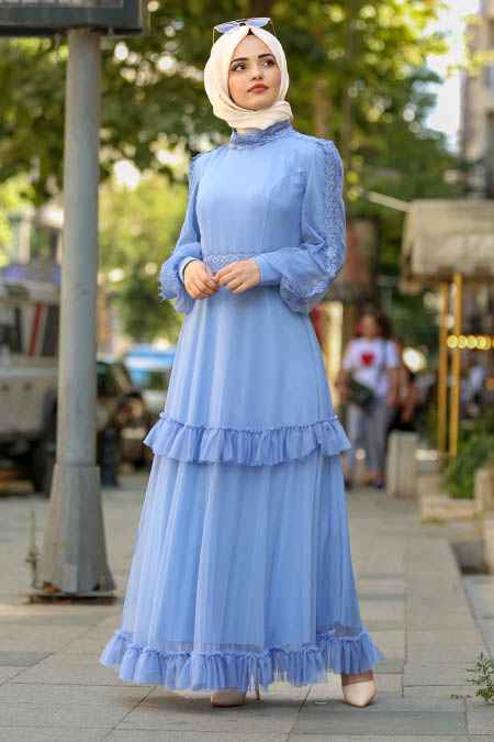 Nayla Collection Tesettür Mavi Renk Elbise