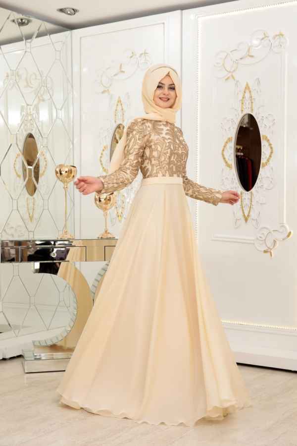Pınar Şems Tesettür Gold Rengi Abiye Elbise Modelleri