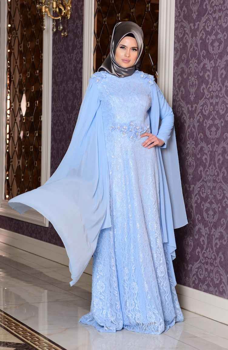 Sefamerve Tesettür Mavi Renk Abiye Elbise