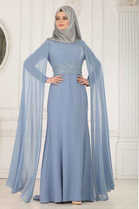 Tesettür İsland Mavi Renk Abiye Elbise Modelleri