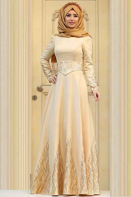 Zehrace Tesettür Gold Rengi Abiye Elbise Modelleri
