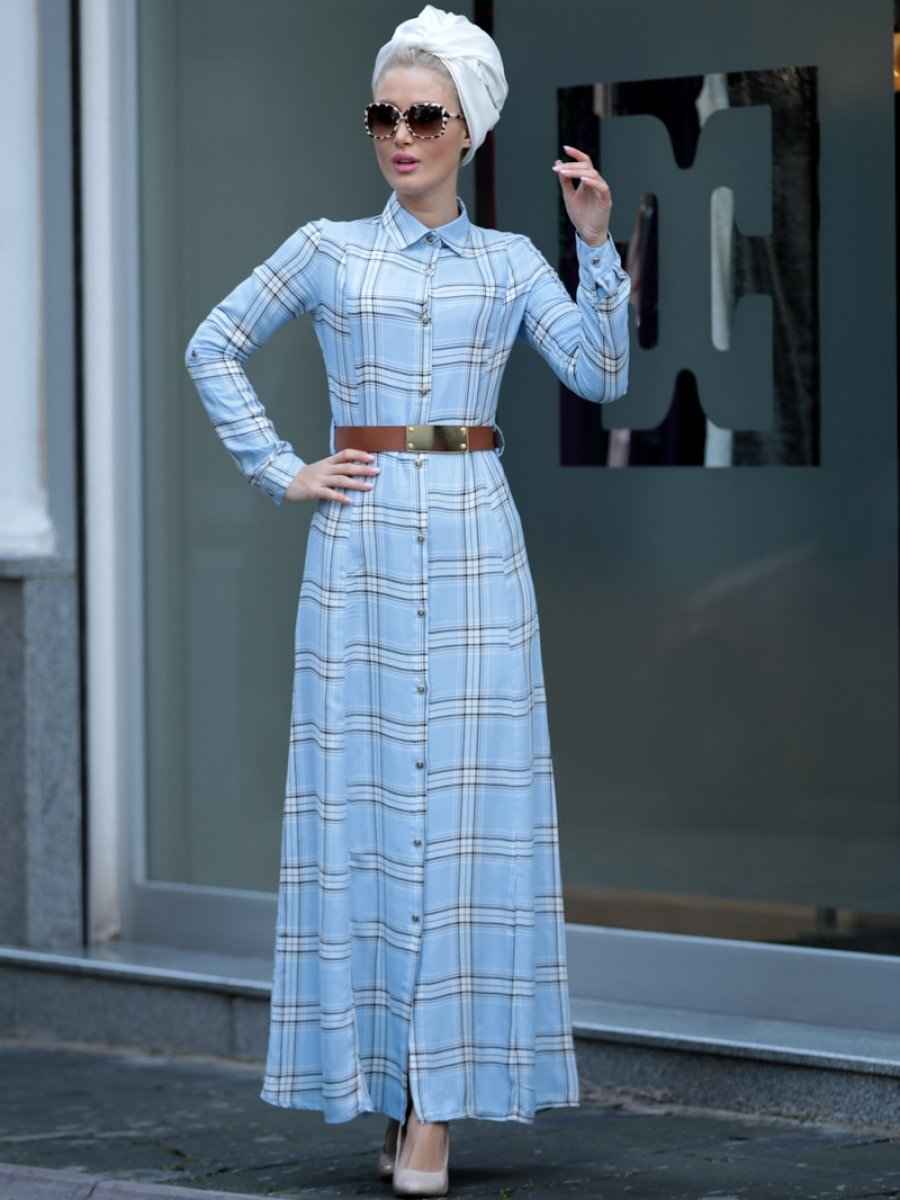 En Güzel Selma Sarı Desnign Tesettür Ekose Elbise Modelleri