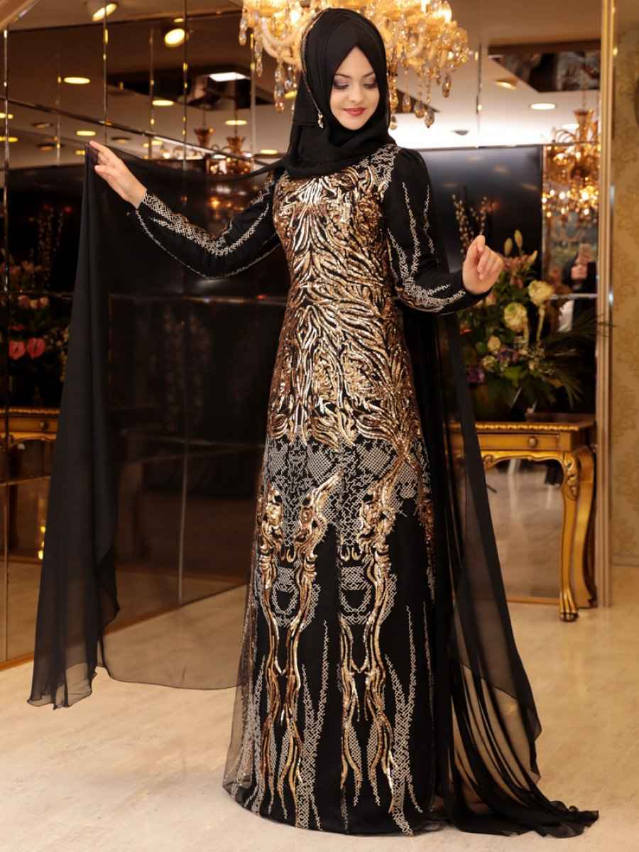 Pınar Şems Tesettür Gold Dantelli Abiye Elbise Modelleri