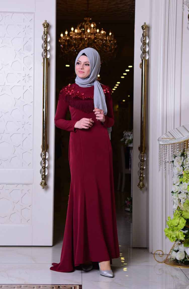 Sefamerve Tesettür Bordo Renk Abiye Elbise Modası