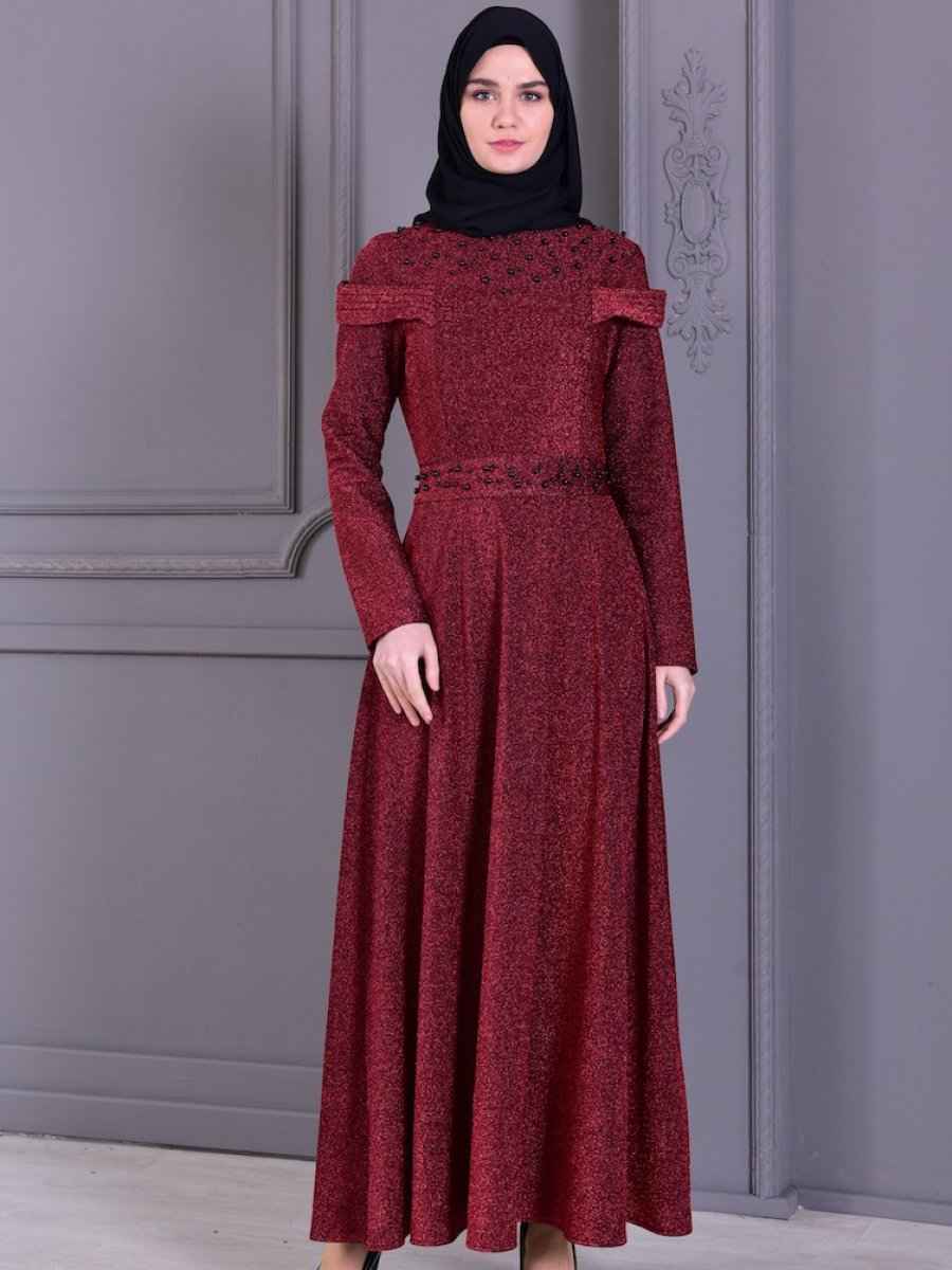 Sefamerve Tesettür Bordo Renk Abiye Elbise Modelleri