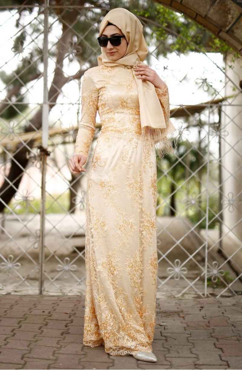 Sefamerve Tesettür Gold Dantelli Krem Abiye Elbise Modelleri