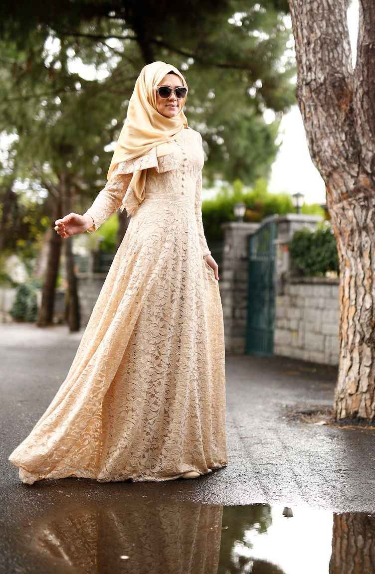 Sefamerve Tesettür Gold Dantelli Şallı Abiye Elbise Modelleri