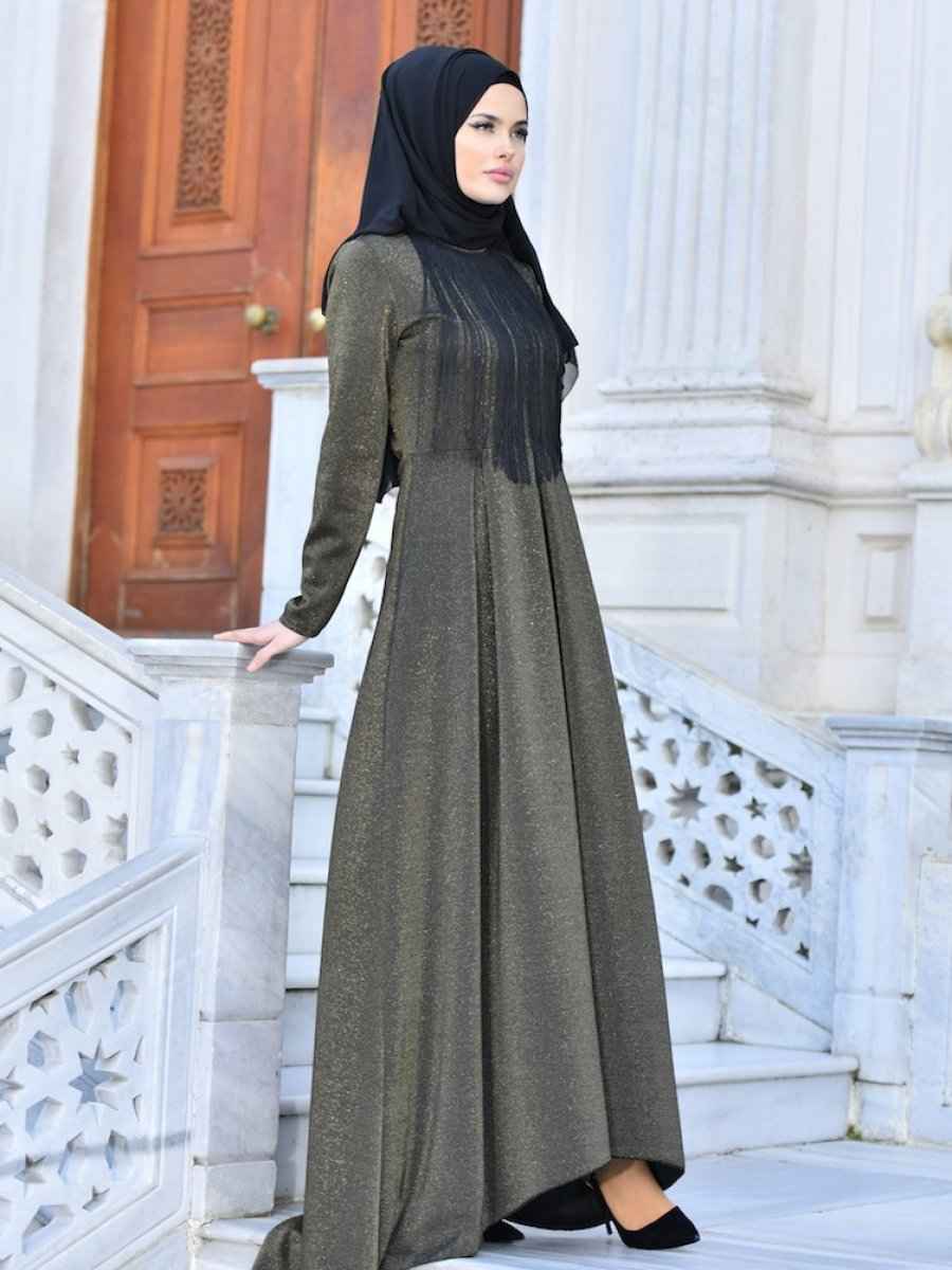 Sefamerve Tesettür Uzun Püsküllü Abiye Elbise Modelleri