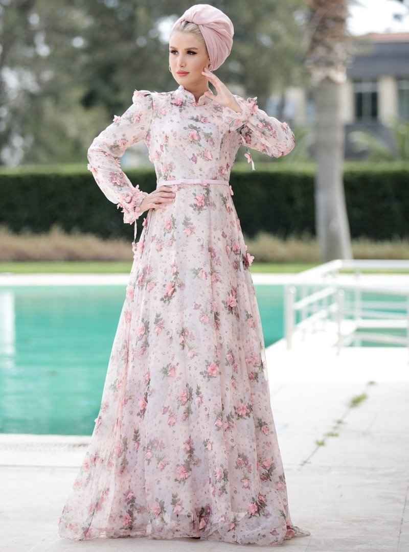Selma Sarı Design Desenli Tesettür Abiye Elbise Modelleri