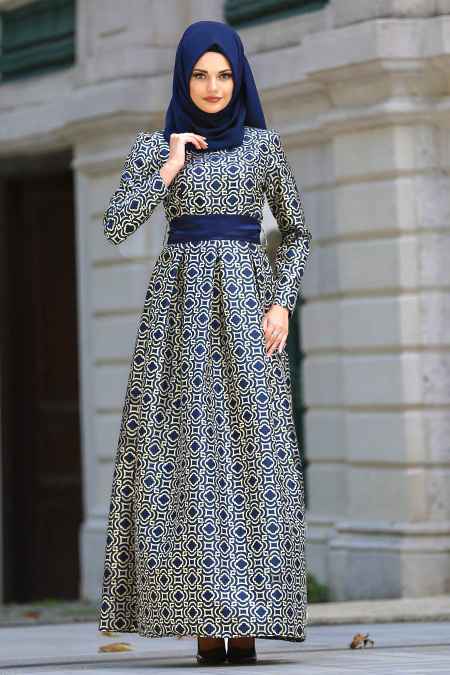 Tesettür İsland Desenli Abiye Elbise Modelleri