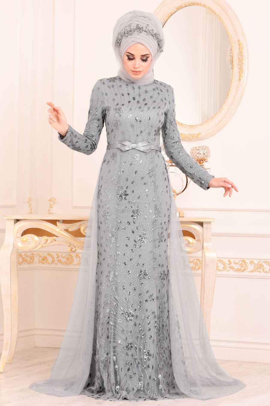 En Güzel Tesettür İsland Tül Detaylı Abiye Elbise Modelleri