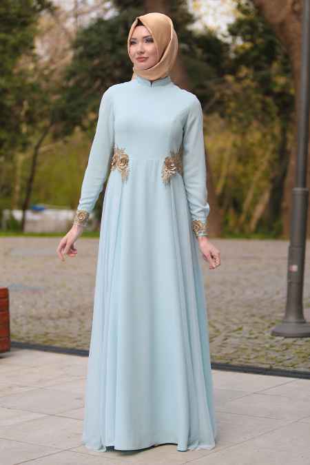 Tesettür İsland Tül Detaylı Abiye Elbise Modelleri