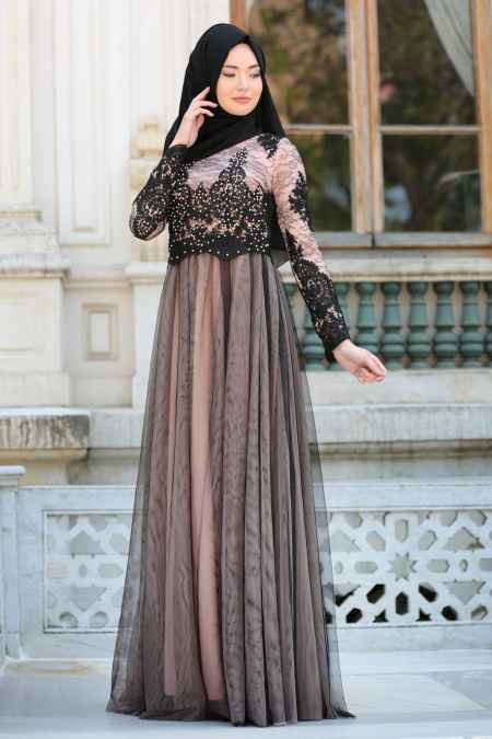 Tesettür İsland Tül Detaylı Somon Abiye Elbise Modelleri
