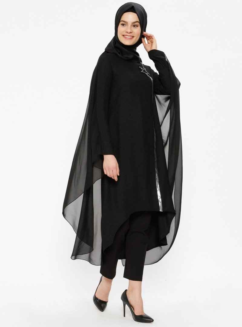 Nihan Taş İşlemeli Siyah Tesettür Tunik Modelleri