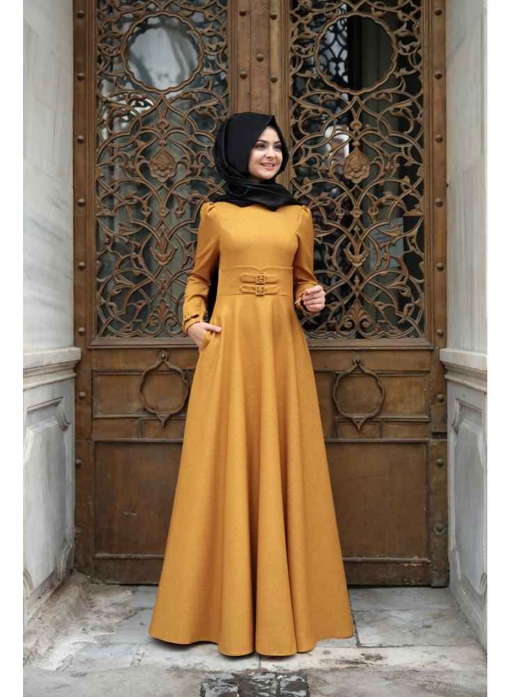 Pınar Şems Korsajlı Tesettür Hardal Elbise Modelleri