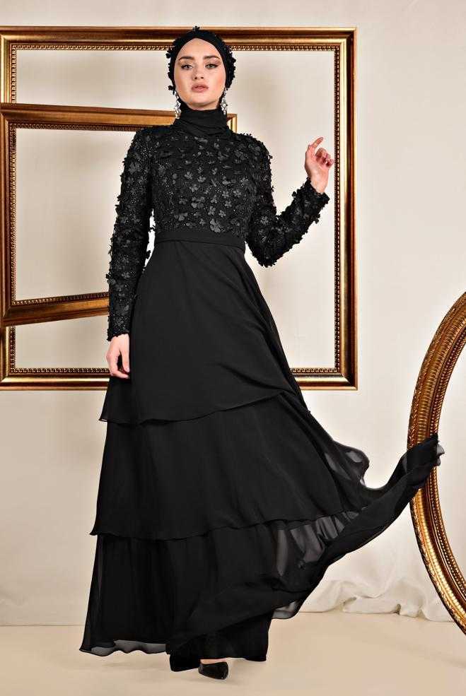 Alvina Üç Boyutlu Siyah Tesettür Abiye Elbise Modelleri