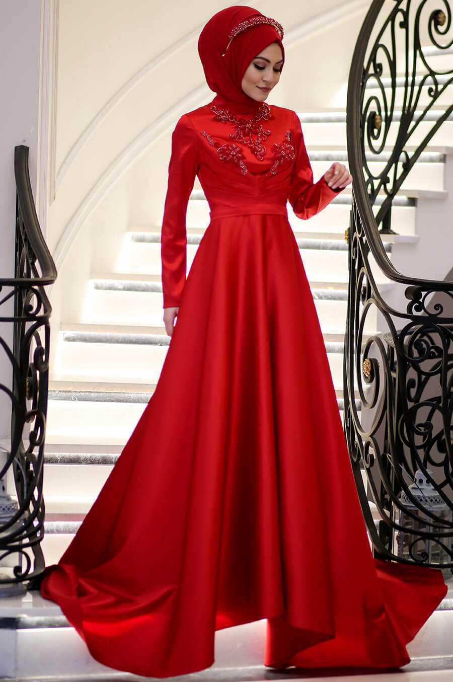 Minel Aşk Kırmızı Tesettür Abiye Elbise Modelleri