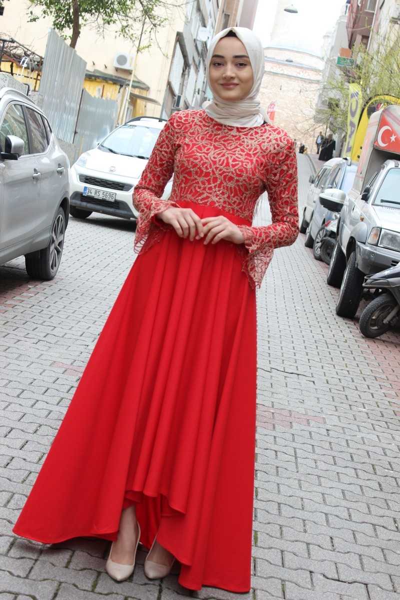 ModaOnur Dantelli Kırmızı Tesettür Abiye Elbise Modelleri