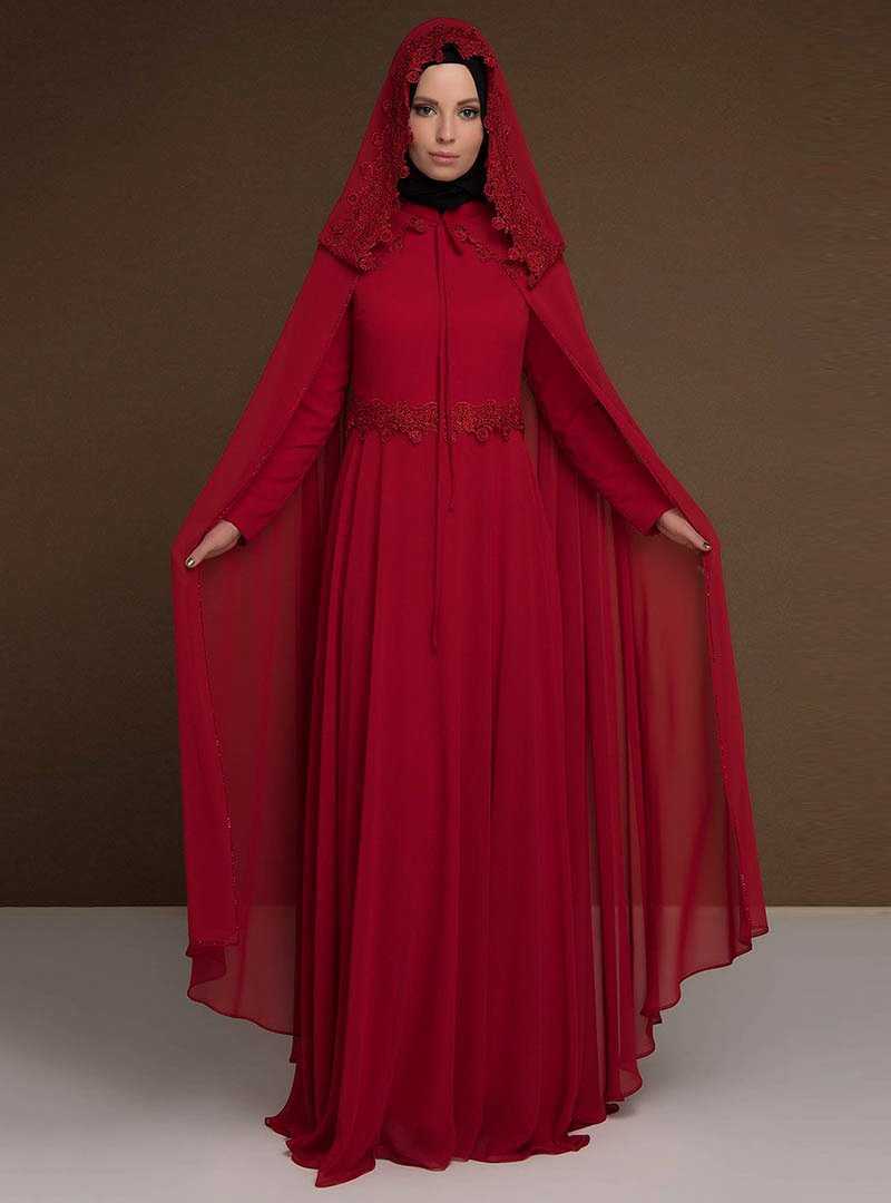 Modaysa Kırmızı Şifon Tesettür Abiye Elbise Modelleri