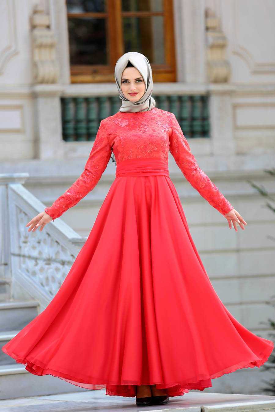 Neva Style Nervür Detaylı Kırmızı Tesettür Abiye Elbise Modelleri