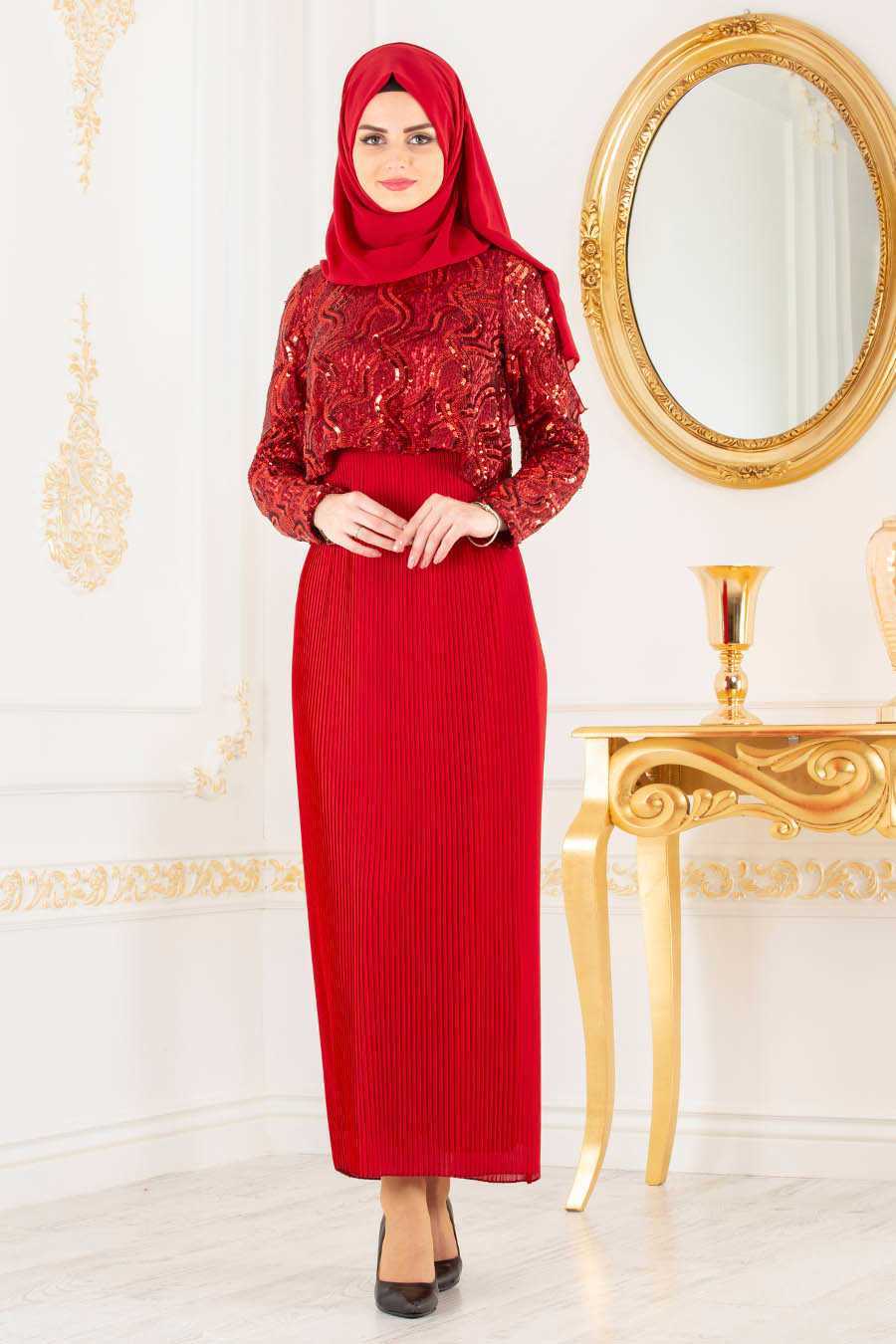 Neva Style Piliseli Kırmızı Tesettür Abiye Elbise Modelleri