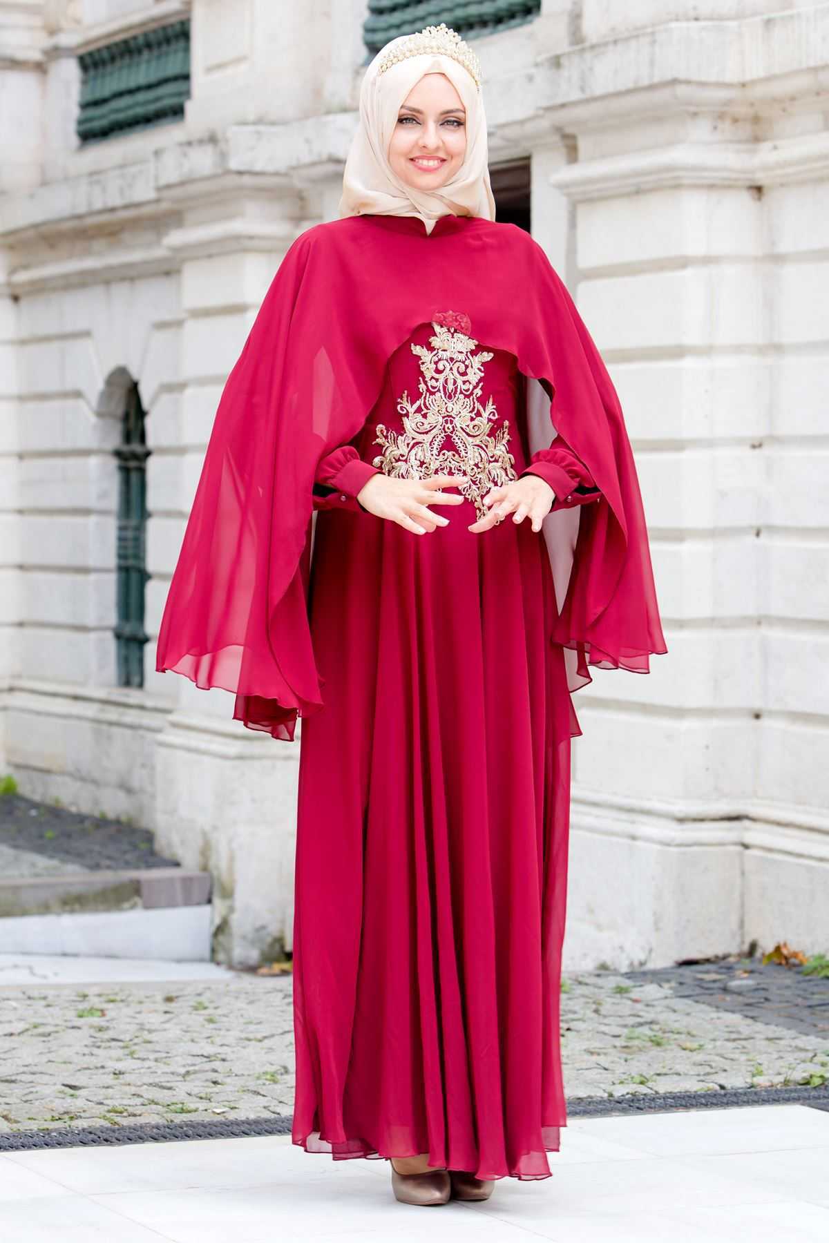 Sedanur İşlemeli Kırmızı Tesettür Abiye Elbise Modelleri