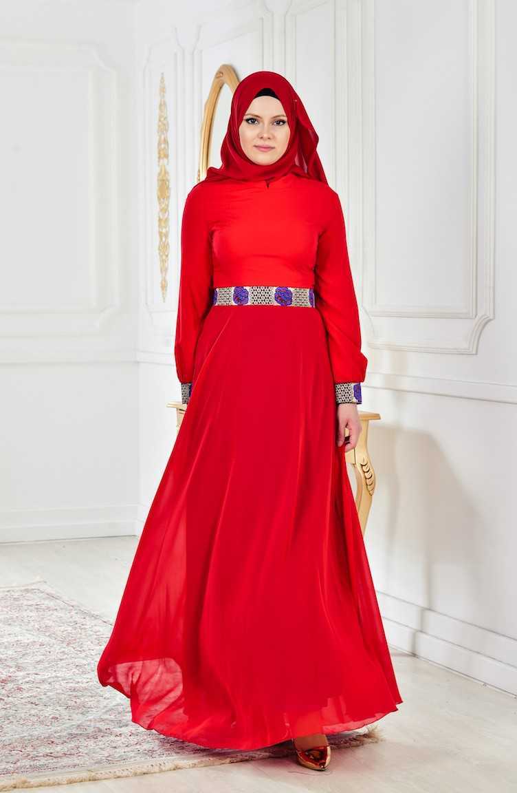 Sefamerve Kemerli Kırmızı Tesettür Abiye Elbise Modelleri