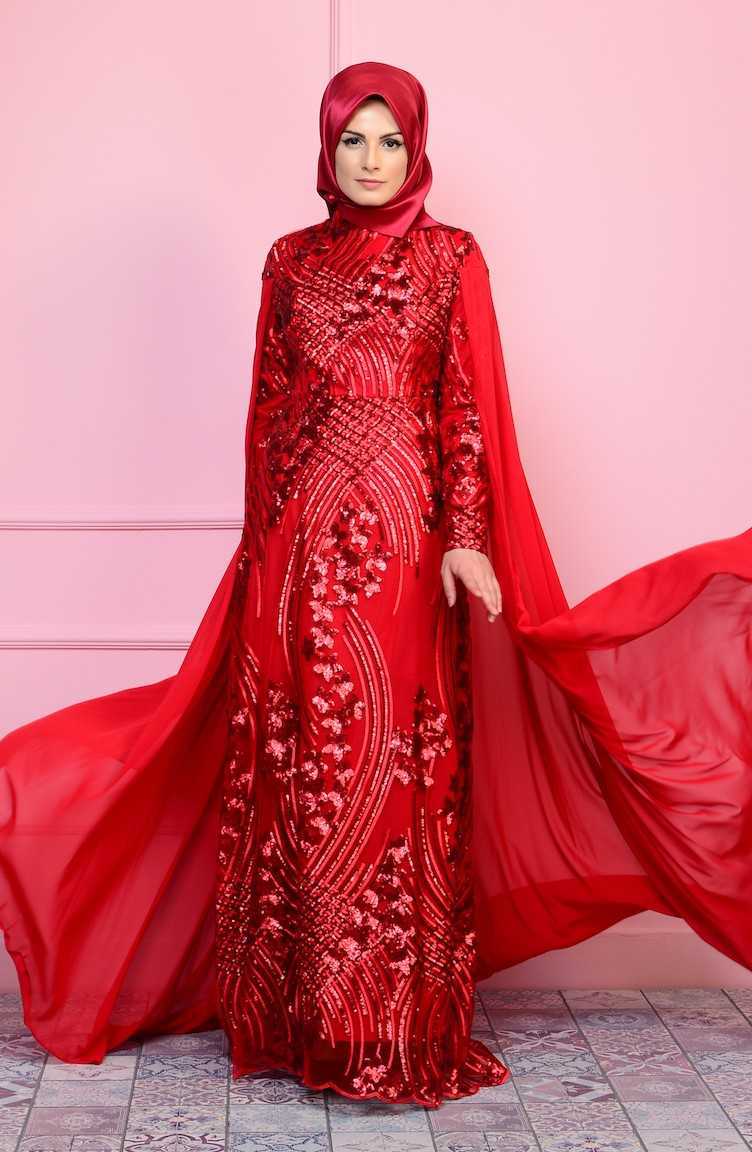 Sefamerve Payet Detaylı Kırmızı Tesettür Abiye Elbise Modelleri