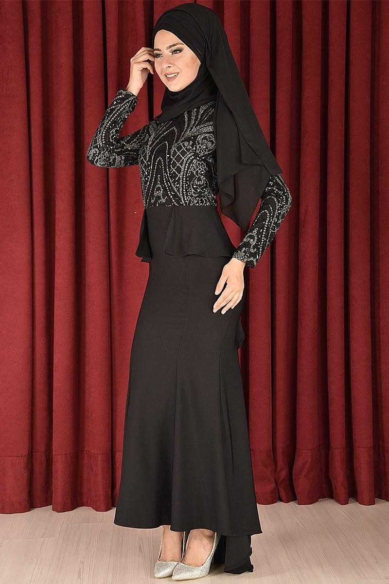 Modahira Tesettür Kuyruklu Siyah Abiye Elbise Modelleri