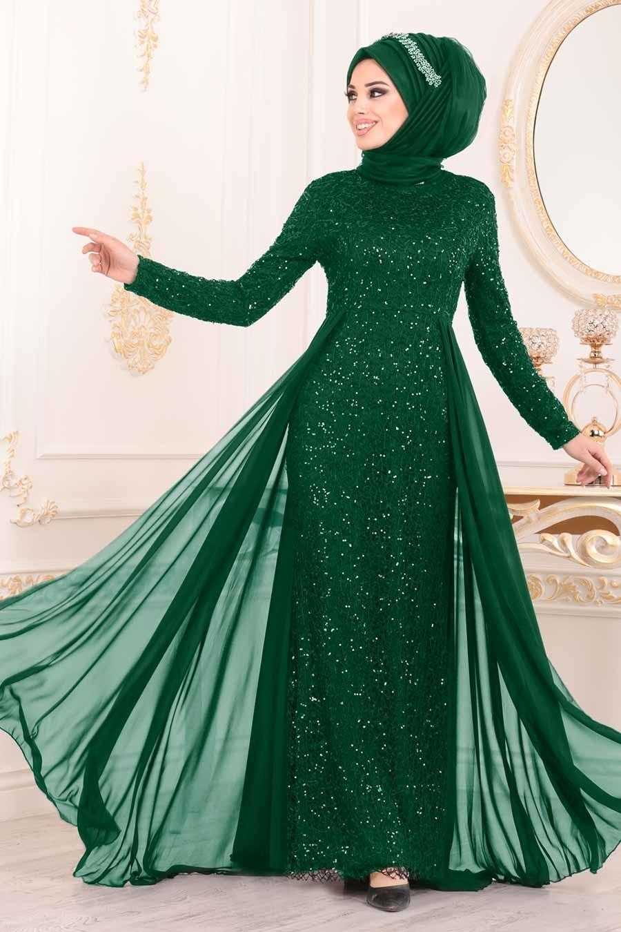 Nayla Collection Pullu Tesettür Yeşil Abiye Elbise Modelleri