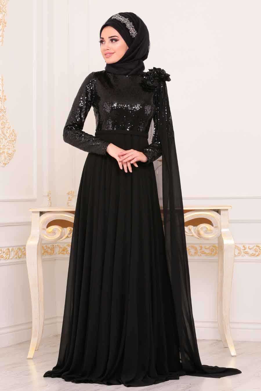 Neva Style Tesettür Siyah Renk Abiye Elbise Modası