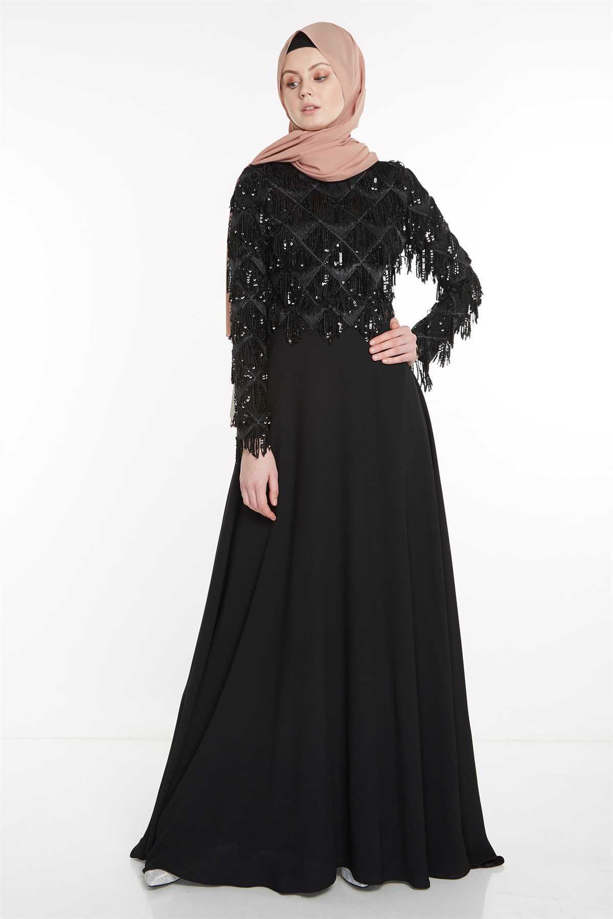 Nihan Pullu Tesettür Siyah Abiye Elbise Modelleri