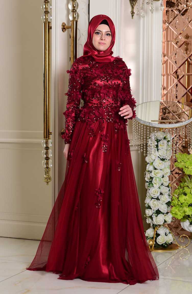 Sefamerve Tesettür Çiçekli Kırmızı Abiye Elbise Modelleri