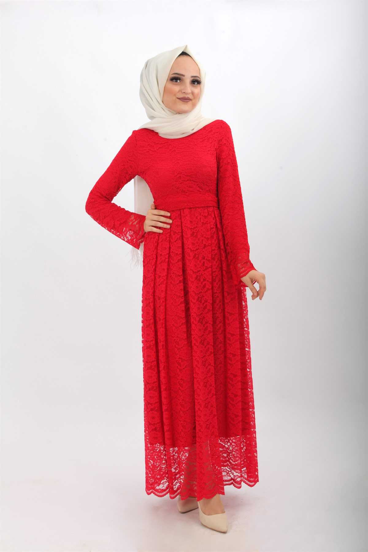 Şevval Giyim Tesettür Kırmızı Dantelli Elbise Modelleri