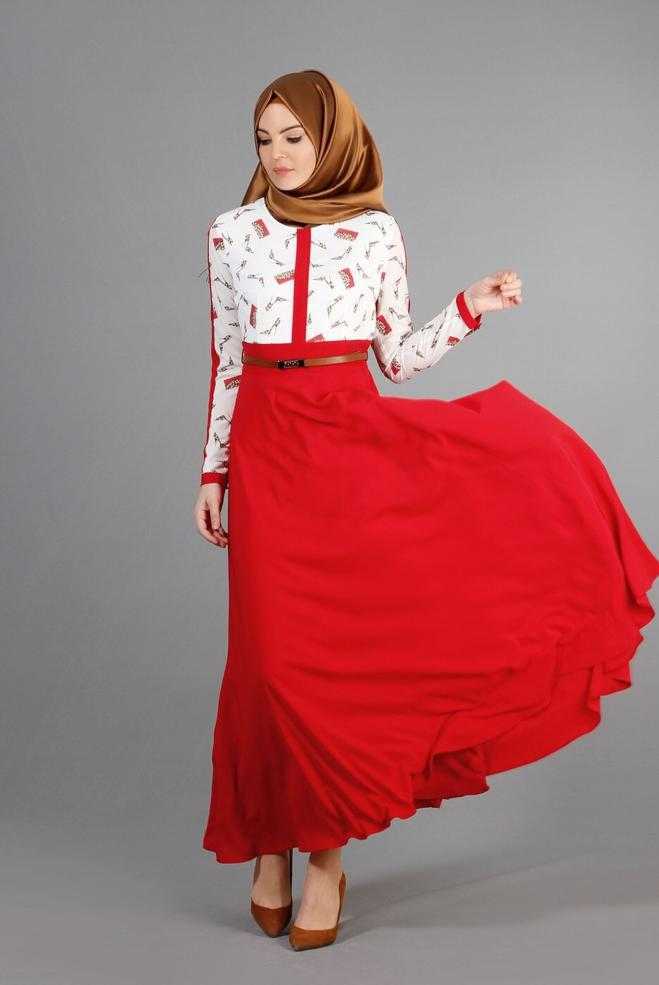 Alvina Tesettür Kırmızı Desenli Elbise Modelleri