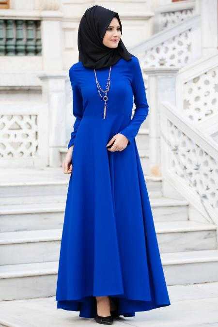Neva Style Tesettür Saks Mavisi Elbise Modelleri