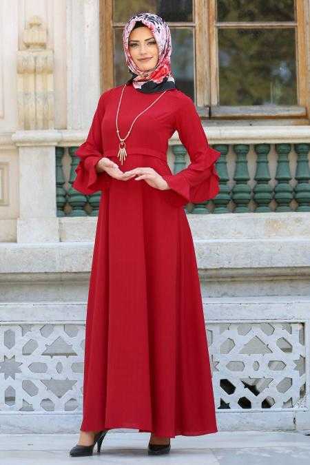 New Kenza Tesettür Kırmızı Fırfırlı Elbise Modelleri