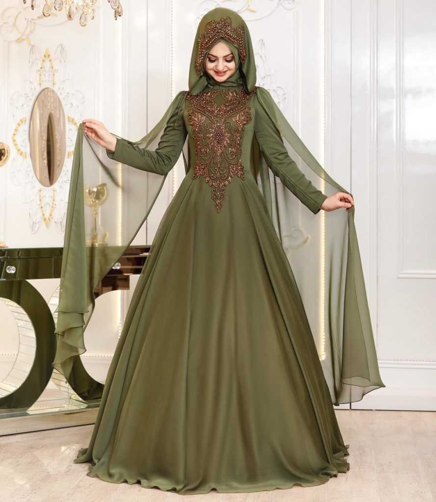 Pınar Şems Şal Kombinli Tesettür İşlemeli Abiye Elbise Modelleri