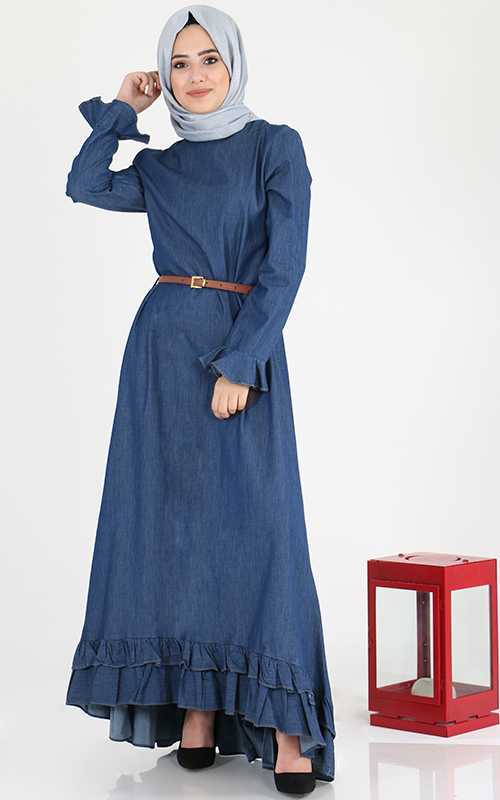 Sahranur Tesettür Mavi Kot Elbise Modelleri