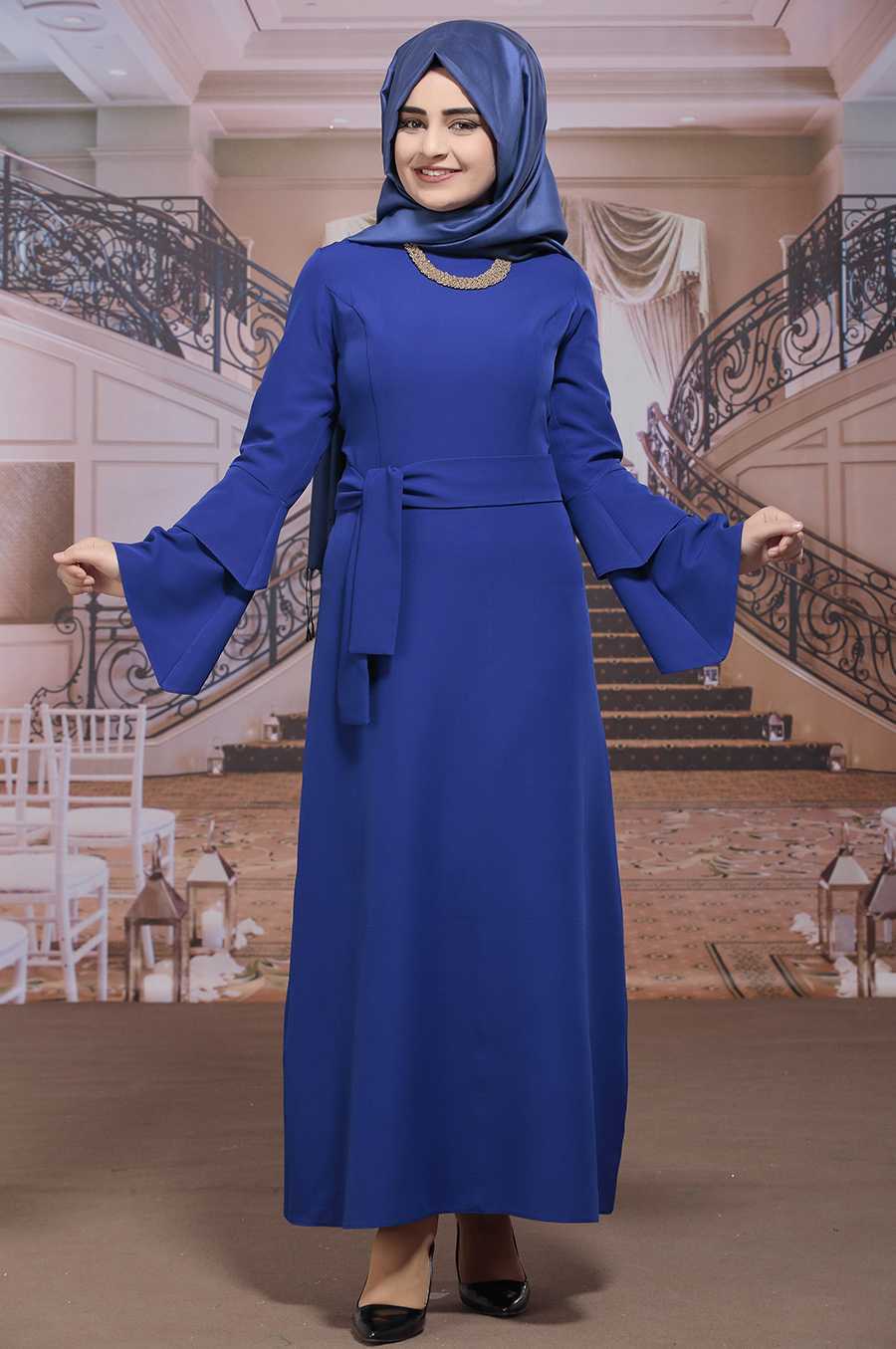 Sümay Moda Tesettür Mavi Elbise Modelleri