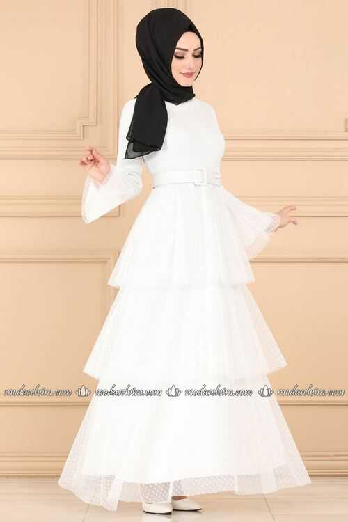 Moda Selvim Katlı Tesettür Beyaz Elbise Modelleri
