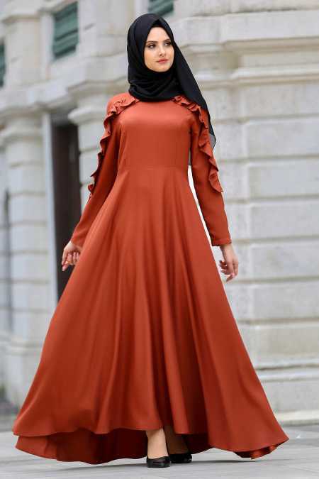 Neva Style Tesettür Kiremit Fırfırlı Elbise Modası