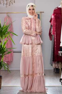 Gönül Kolat Dantel İşlemeli Fırfırlı Tesettür Abiye Elbise Modelleri