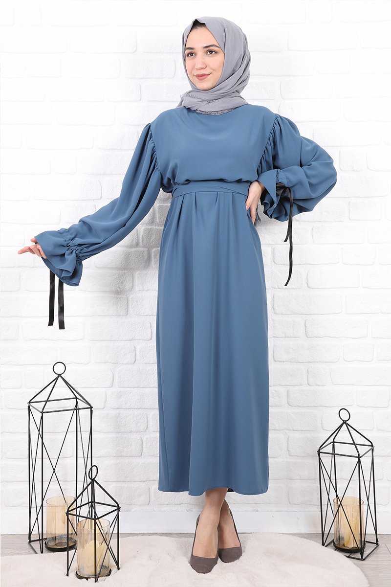 Lamia Giyim Tesettür Büzgülü Abiye Elbise Modelleri