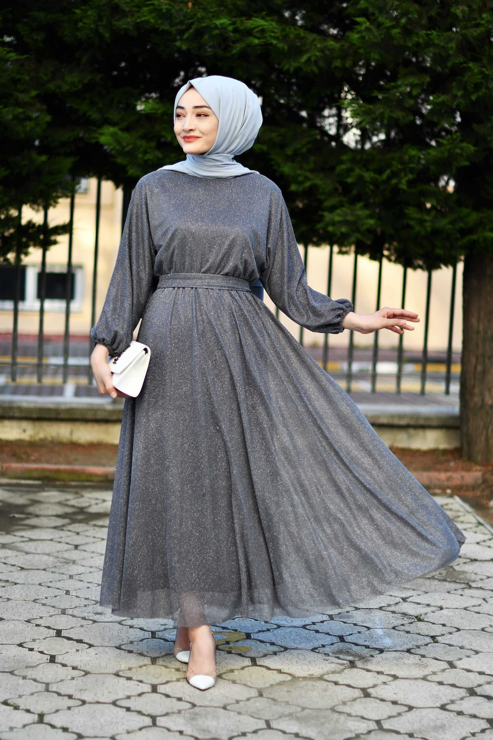 Modam Afra Tesettür Büzgülü Abiye Elbise Modelleri