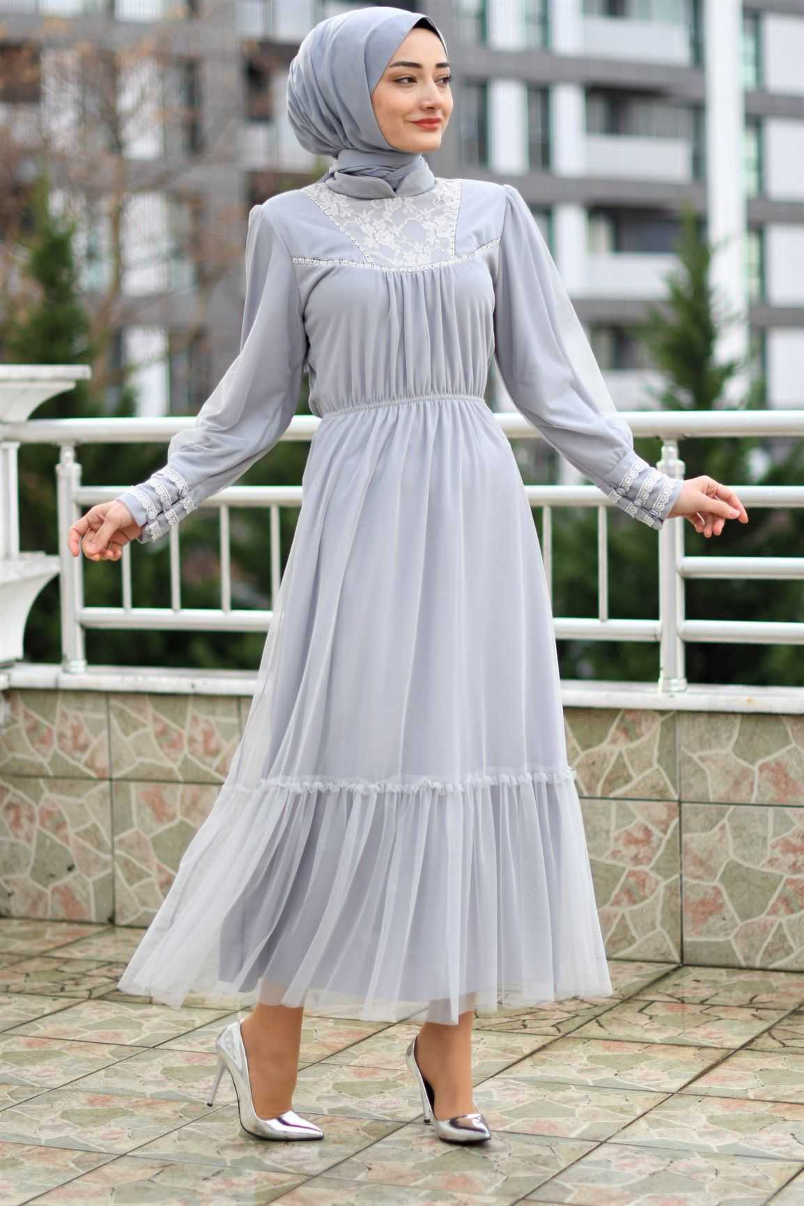 Modam Afra Tesettür Büzgülü Şık Abiye Elbise Modelleri