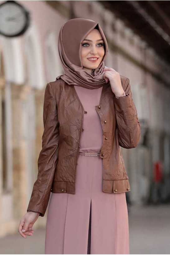 Pınar Şems Tesettür Deri Taba Ceket Modelleri