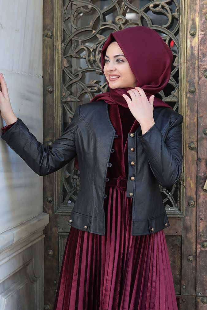 Pınar Şems Tesettür Düğmeli Deri Ceket Modelleri